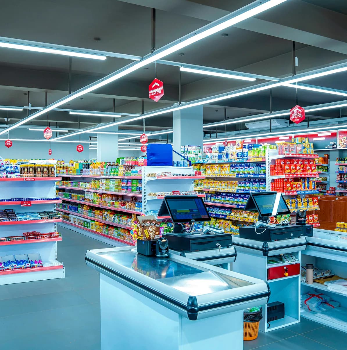 Checkout counters and shelves at GR Super Market