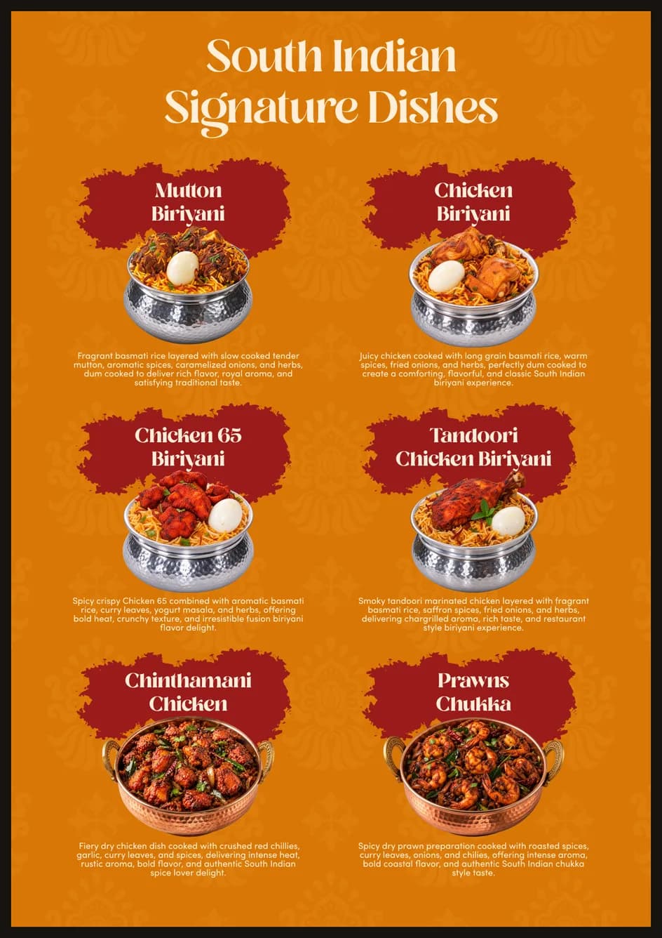 Salem RR Biriyani menu — signature dishes: mutton, chicken, Chicken 65 and tandoori biriyani, Chinthamani chicken and prawns chukka